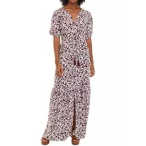 Brownish Burgundy and White Floral Short Sleeve Tie Waist MaxiDress Size XXL